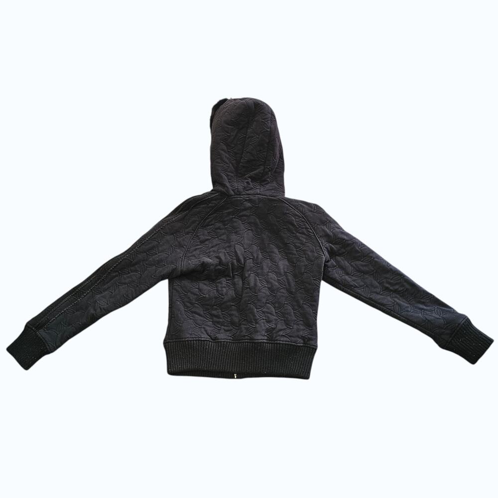 Bebe Sport Y2K Quilted Bomber Jacket Faux Fur Hood Pom Poms Black Womens Small - Picture 3 of 14